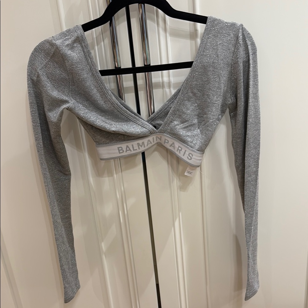 Balmain Gray and Cream Long Sleeve Tie Front Bodysuit